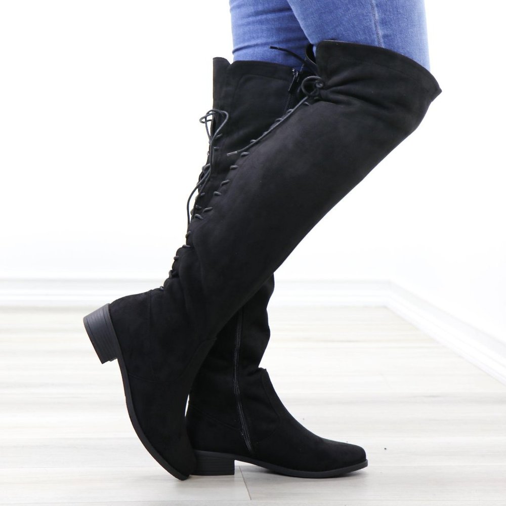 Low Heel Faux Suede Black Thigh High Boots - Picture 2 of 14